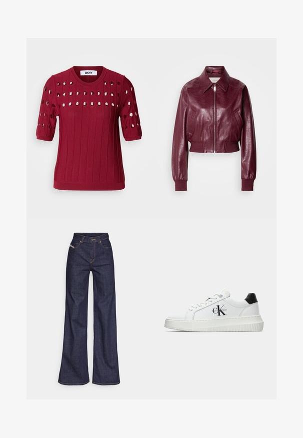 Calvin Klein Jeans CROPPED CRINKLE - Bomber dzseki - deep rouge; Piros kötött pulóver rövid ujjakkal, bordás textúrával és nyitott lyukakkal, amelyek a mellkas és az ujjak mentén mintázatot képeznek.; Sötétkék, bő szárú farmernadrág, magas derékkal, narancssárga varrással, öt zsebes kialakítással és gombos zárással.; Fehér alacsony szárú edzőcipő fekete saroktabbal, platform talppal, fűzőkkel és Calvin Klein "CK" logóval az oldalán.