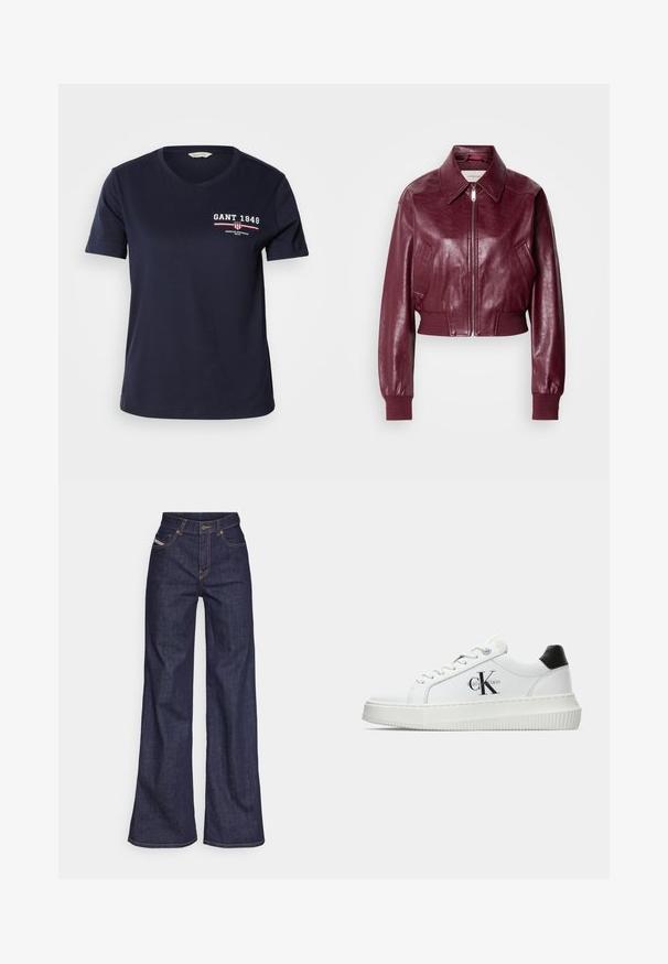 Calvin Klein Jeans CROPPED CRINKLE - Bomber jakna - deep rouge; Mornarsko modra bombažna majica s V-izrezom, kratkimi rokavi, z belim in rdečim logotipom "GANT 1949" ter oblikovalskimi poudarki na levi prsni strani.; Temno modri široki kavbojke iz denima z visokim pasom, ki imajo oranžne šive, pet žepov in gumba za zapiranje.; Bele nizke superge z črnim hrbtnim delom, platformo, vezalkami in Calvin Klein "CK" logotipom na strani.