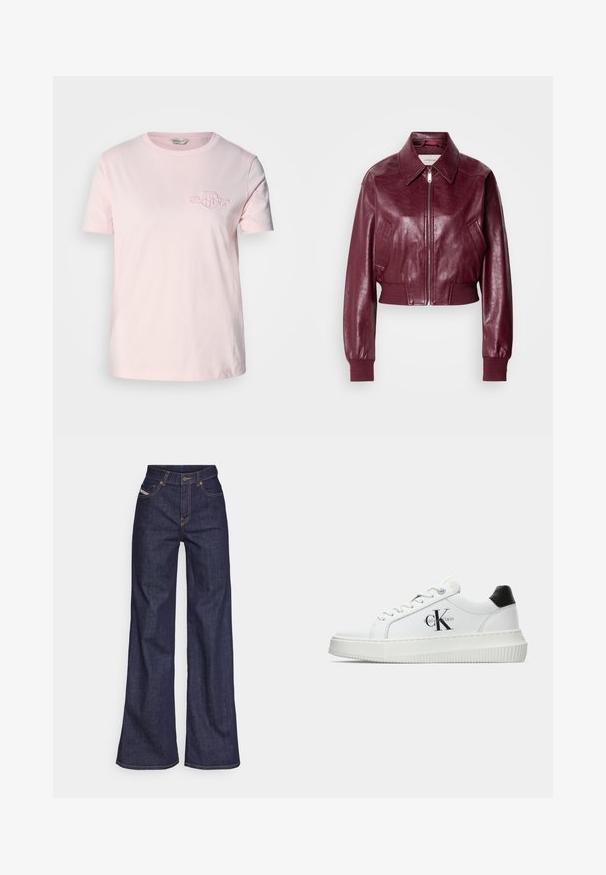 Calvin Klein Jeans CROPPED CRINKLE - Bomber-jakk - deep rouge; Heledad roosa T-särk, mis on valmistatud puuvillast, lühikeste varrukatega, ümmarguse kaeluse ja väikese tikandiga logoga vasakul rindkerele.; Tumedates sinised laiad teksad denimpesus, kõrge vöökohaga, mis on varustatud oranžide õmblustega, viie-taskulise disaini ja nööbiga kinnitusega.; Valge madalate sokkidega jooksutoss, millel on must konts, platvormi tallad, paelad ja Calvin Kleini "CK" logo küljel.