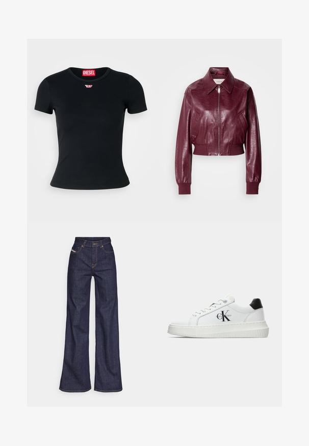 Calvin Klein Jeans CROPPED CRINKLE - Bomberjakke - deep rouge; Sort ribbet t-shirt med en rund fishtail-udskæring. Har et lille rødt Diesel-logo på brystet. Korte ærmer og en tætsiddende pasform.; Mørkeblå bredbenede jeans i denimstof med høj talje, prydet med orange stikninger, fem-lomme design og knaplukning.; Hvide lavtoppede sneakers med sort hælkænke, platformssål, snørebånd og Calvin Klein "CK" logo på siden.