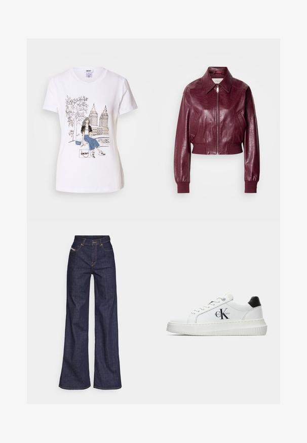 Calvin Klein Jeans CROPPED CRINKLE - Bomberjakke - deep rouge; Hvid bomulds t-shirt med et sort-hvidt grafisk motiv af en pige, træer og skyskrabere, med denim detaljer og "DKNY" branding.; Mørkeblå bredbenede jeans i denimstof med høj talje, prydet med orange stikninger, fem-lomme design og knaplukning.; Hvide lavtoppede sneakers med sort hælkænke, platformssål, snørebånd og Calvin Klein "CK" logo på siden.