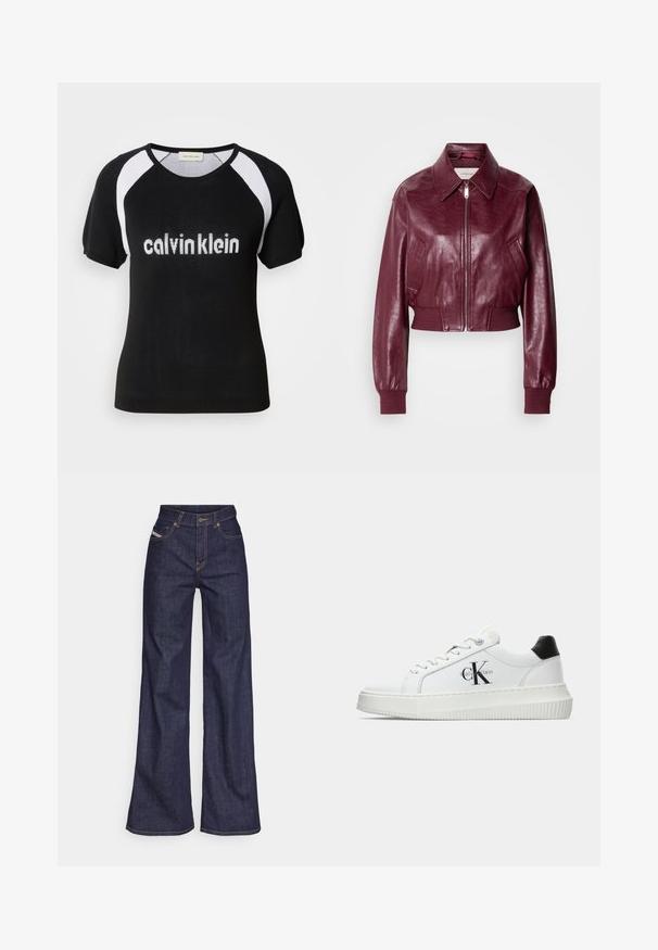 Calvin Klein Jeans CROPPED CRINKLE - Bombejakke - deep rouge; Svart strikket topp med korte ermer og hvite raglan-ermer. Har "calvinklein" tekst i hvitt over brystet. Rund hals. Myk tekstur.; Mørkeblå vide jeans i denim med høy midje, med oransje sømmer, fem-lomme-design og knappelukking.; Hvite lavsko med svart hæltab, plattformsåle, snøringer og Calvin Klein "CK" logo på siden.