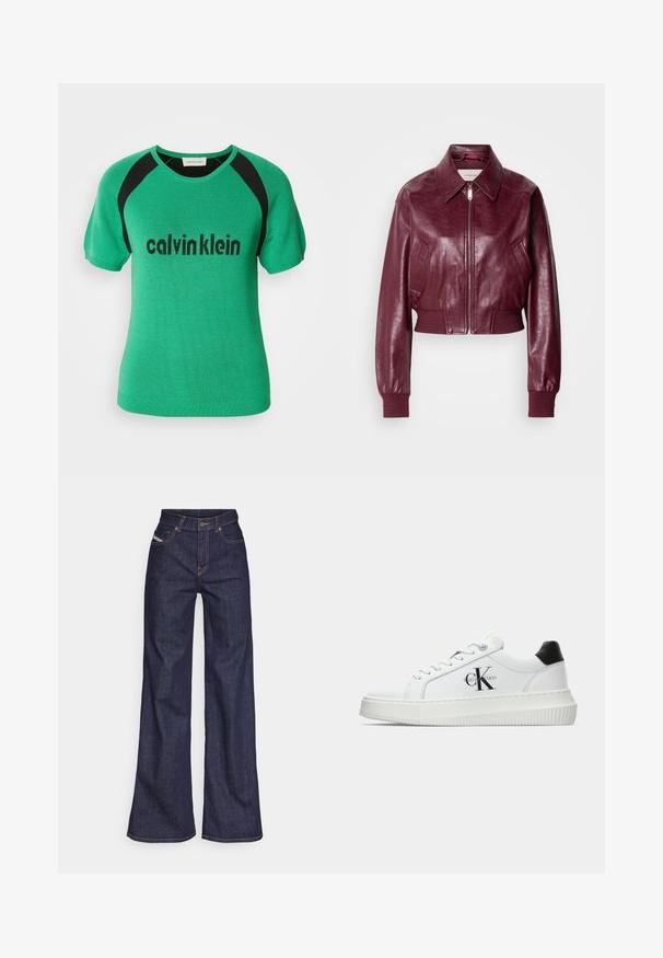 Calvin Klein Jeans CROPPED CRINKLE - Bomber-jakk - deep rouge; Roheline kudumine lühikeste varrukatega topp, millel on mustad aktsendid õlgadel ja must "calvinklein" logo ees. Sile tekstuur.; Tumedates sinised laiad teksad denimpesus, kõrge vöökohaga, mis on varustatud oranžide õmblustega, viie-taskulise disaini ja nööbiga kinnitusega.; Valge madalate sokkidega jooksutoss, millel on must konts, platvormi tallad, paelad ja Calvin Kleini "CK" logo küljel.