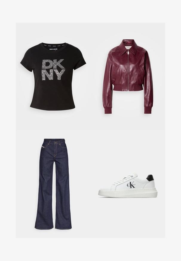 Calvin Klein Jeans CROPPED CRINKLE - Bomber-jakk - deep rouge; Must musta särk lühikeste varrukatega, millel on esiosas tekstuuriga metallik hõbedane "DKNY" logo. Valmistatud pehmest kangast, ümara kaelusega.; Tumedates sinised laiad teksad denimpesus, kõrge vöökohaga, mis on varustatud oranžide õmblustega, viie-taskulise disaini ja nööbiga kinnitusega.; Valge madalate sokkidega jooksutoss, millel on must konts, platvormi tallad, paelad ja Calvin Kleini "CK" logo küljel.