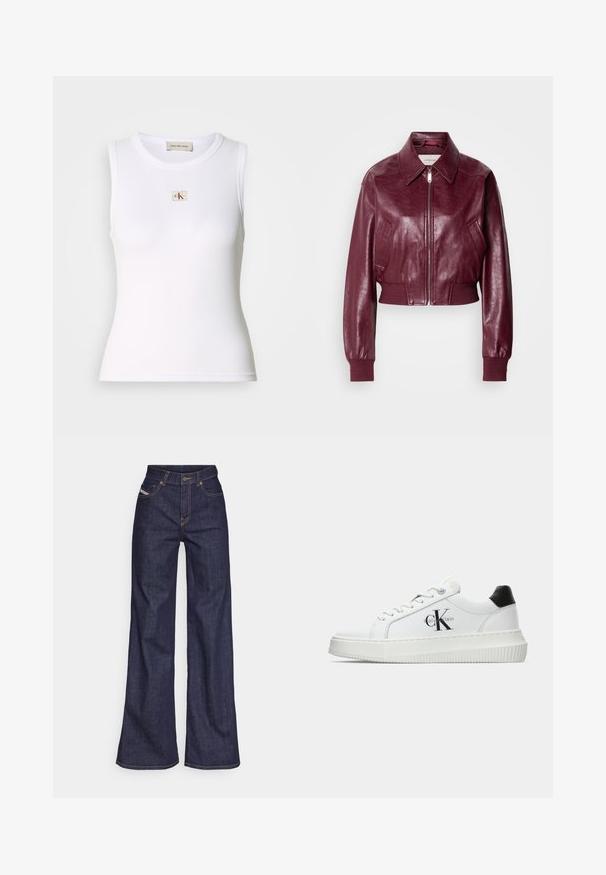 Calvin Klein Jeans CROPPED CRINKLE - Bomber Jacket - deep rouge; White sleeveless jersey top with a round neckline. Features a small CK logo in a square patch at the chest. Stretchy ribbed texture.; Dark blue wide-leg jeans in denim fabric with a high waist, featuring orange stitching, five-pocket design, and a button closure.; White low-top sneaker with black heel tab, platform sole, laces, and Calvin Klein "CK" logo on the side.