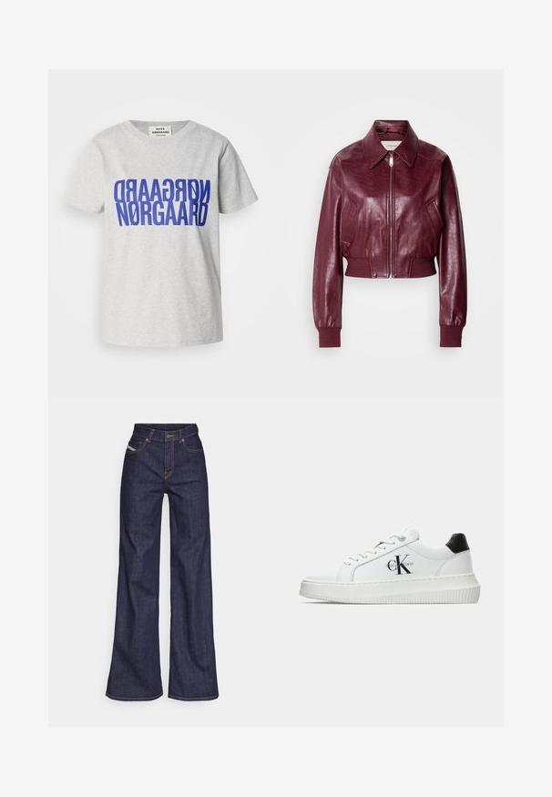 Calvin Klein Jeans CROPPED CRINKLE - Bomberjakke - deep rouge; Grå bomulds t-shirt med stort, fedt blåt tekst, der læser "NØRGAARD" vist vertikalt og horisontalt. Rund halsudskæring, korte ærmer.; Mørkeblå bredbenede jeans i denimstof med høj talje, prydet med orange stikninger, fem-lomme design og knaplukning.; Hvide lavtoppede sneakers med sort hælkænke, platformssål, snørebånd og Calvin Klein "CK" logo på siden.