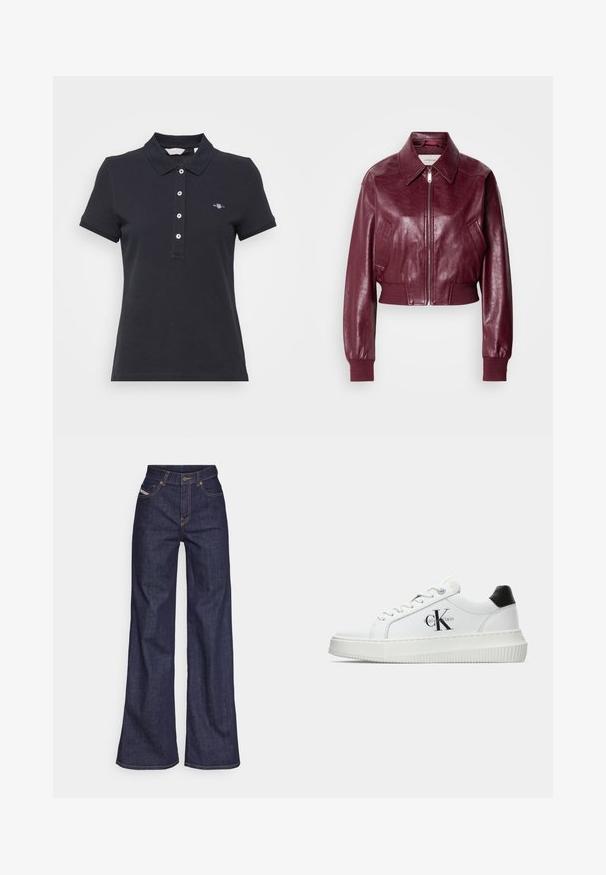 Calvin Klein Jeans CROPPED CRINKLE - Bomber dzseki - deep rouge; Sötétkék pólóing rövid ujjal, háromgombos nyakrésszel, és egy kis logóval a bal mellen. Pamutból készült, sima tapintással.; Sötétkék, bő szárú farmernadrág, magas derékkal, narancssárga varrással, öt zsebes kialakítással és gombos zárással.; Fehér alacsony szárú edzőcipő fekete saroktabbal, platform talppal, fűzőkkel és Calvin Klein "CK" logóval az oldalán.