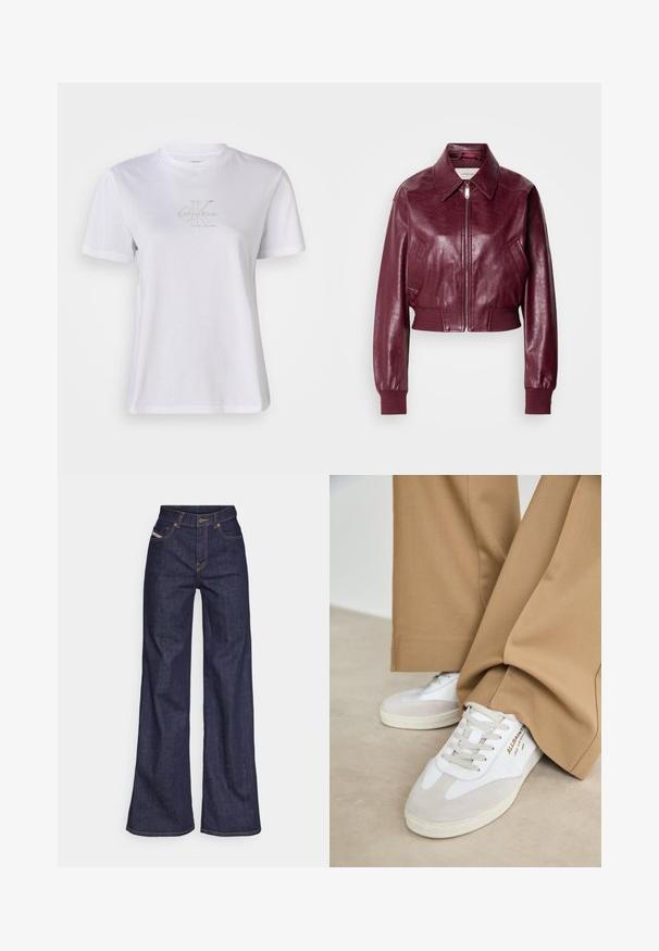 Calvin Klein Jeans CROPPED CRINKLE - Bombertakki - deep rouge; Valkoinen puuvillapaita lyhyillä hihoilla, jossa on teksturoitu "Calvin Klein" -logo vaaleanharmaana rinnan kohdalla, pyöreä kaula-aukko.; Tummansiniset leveälahkeiset farkut denimmateriaalista, joissa on korkea vyötärö. Niissä on oranssit tikkaus, viisi taskua ja napitus.; Valkoiset urheilukengät, joissa on mokka-akcentteja, teksturoitu nauha ja kumipohja. Yhdistetty löysiin ruskeisiin housuihin. Logo näkyvissä sivussa.