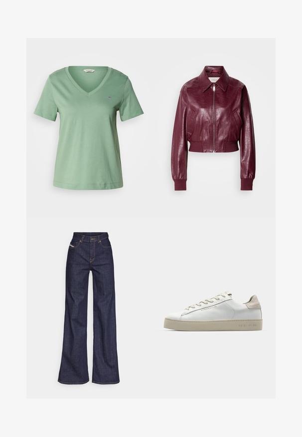 Calvin Klein Jeans CROPPED CRINKLE - Pilotska jakna - deep rouge; Zelena pamučna majica s V-izrezom i kratkim rukavima. Ima mali izvezeni logo na prsima i opušteni kroj.; Tamno plave široke traperice s visokim strukom, izrađene od denim tkanine, s narančastim šavovima, pet džepovima i kopčanjem na dugme.; Bijele kožne tenisice s glatkom površinom, bež nubuk detalji, okrugli vrh, ravni dizajn s vezicama i strukturirana gumena potplat.