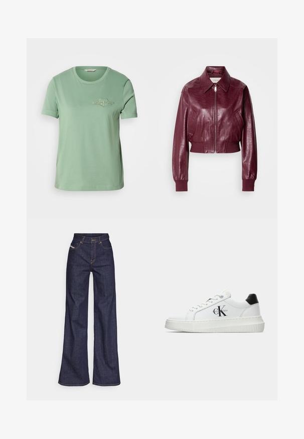 Calvin Klein Jeans CROPPED CRINKLE - Bomberjakke - deep rouge; Lys grøn bomulds t-shirt med korte ærmer, rund halsudskæring og broderet logo på brystet. Glat tekstur og afslappet pasform.; Mørkeblå bredbenede jeans i denimstof med høj talje, prydet med orange stikninger, fem-lomme design og knaplukning.; Hvide lavtoppede sneakers med sort hælkænke, platformssål, snørebånd og Calvin Klein "CK" logo på siden.