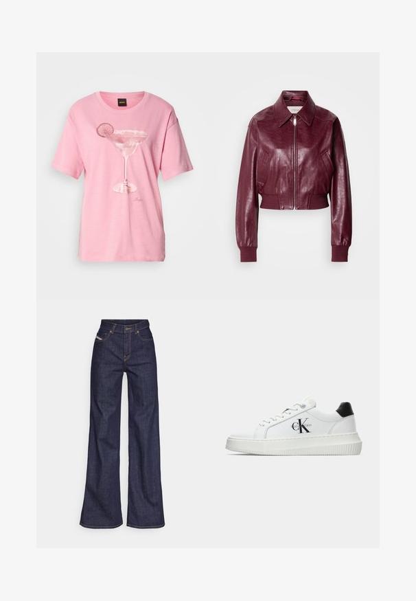 Calvin Klein Jeans CROPPED CRINKLE - Bombejakke - deep rouge; Rosa bomull t-skjorte med trykt margaritaglassdesign og en limebit. Korte ermer og rund hals.; Mørkeblå vide jeans i denim med høy midje, med oransje sømmer, fem-lomme-design og knappelukking.; Hvite lavsko med svart hæltab, plattformsåle, snøringer og Calvin Klein "CK" logo på siden.