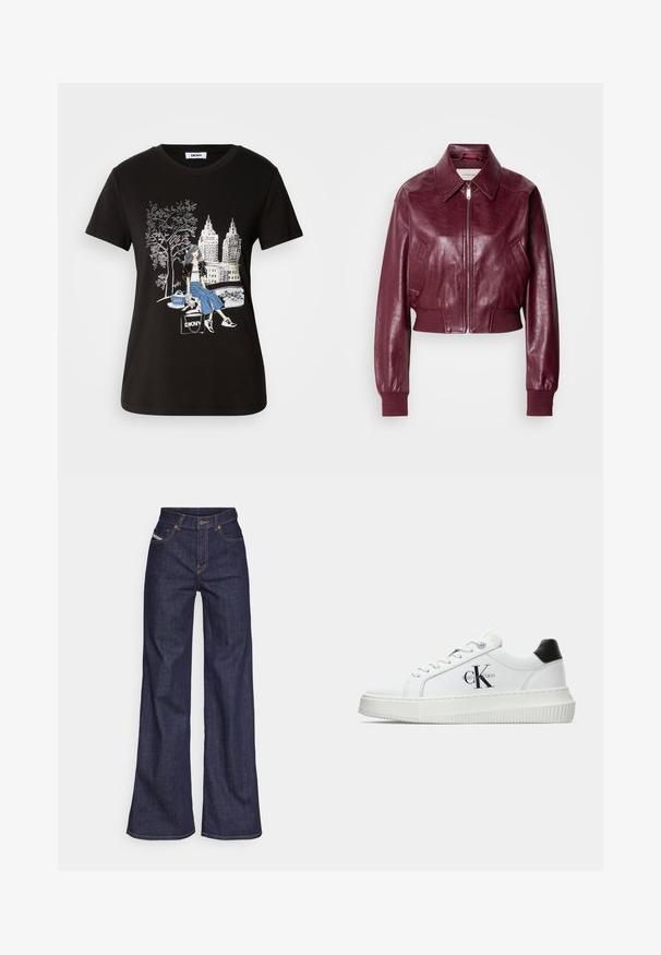 Calvin Klein Jeans CROPPED CRINKLE - Geacă bomber - deep rouge; Tricou negru din bumbac cu un design grafic reprezentând o femeie, un copac și un peisaj urban, evidențiind culori contrastante și detalii intricate.; Blugi taille mare, de culoare albastru închis, din material denim, cu croială largă, cu cusături portocalii, design cu cinci buzunare și închidere cu nasture.; Adidași albi cu glezna joasă, cu tab-ul de călcâi negru, talpă platformă, șireturi și logo-ul "CK" de la Calvin Klein pe lateral.