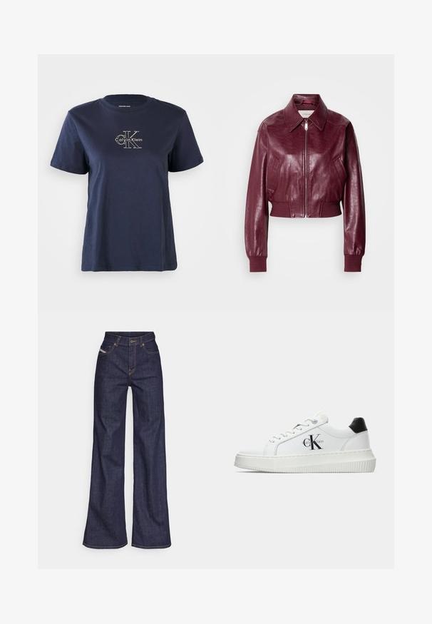 Calvin Klein Jeans CROPPED CRINKLE - Bombejakke - deep rouge; Marineblå bomull t-skjorte med korte ermer, med en liten hvit "Calvin Klein" logo på midten foran. Rund hals, avslappet passform.; Mørkeblå vide jeans i denim med høy midje, med oransje sømmer, fem-lomme-design og knappelukking.; Hvite lavsko med svart hæltab, plattformsåle, snøringer og Calvin Klein "CK" logo på siden.