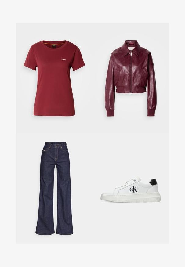 Calvin Klein Jeans CROPPED CRINKLE - Bomber Jacket - deep rouge; Burgundy short-sleeve t-shirt made of soft cotton, featuring a round neckline and a small white "Boss" logo on the chest.; Dark blue wide-leg jeans in denim fabric with a high waist, featuring orange stitching, five-pocket design, and a button closure.; White low-top sneaker with black heel tab, platform sole, laces, and Calvin Klein "CK" logo on the side.