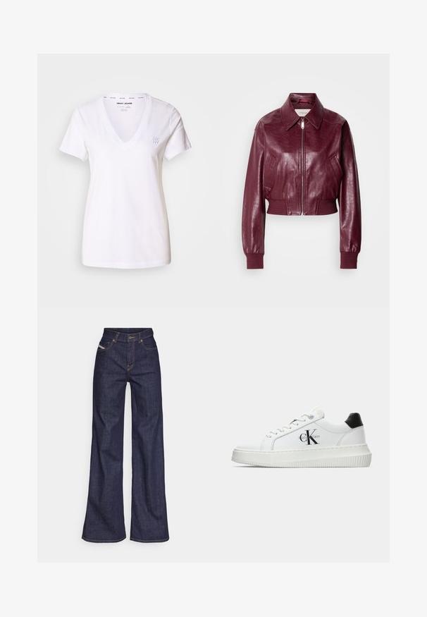 Calvin Klein Jeans CROPPED CRINKLE - Bombertakki - deep rouge; V-kaulus valkoinen t-paita, joka on valmistettu puuvillasta. Lyhyet hihat, rento malli. Hienovarainen DKNY-logo kirjailtuna vasemmassa rinnassa. Sileä tekstuuri.; Tummansiniset leveälahkeiset farkut denimmateriaalista, joissa on korkea vyötärö. Niissä on oranssit tikkaus, viisi taskua ja napitus.; Valkoiset matalat tennarit, joissa on musta kantapää, alustasolki, nauhat ja Calvin Kleinin "CK" logo sivuilla.