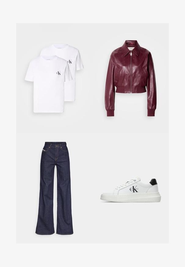 Calvin Klein Jeans CROPPED CRINKLE - Bomber dzseki - deep rouge; Két fehér pamut póló kerek nyakú kivitelben, a bal mellek területén egy kis fekete "CK" logóval. Puha tapintású, normál szabású.; Sötétkék, bő szárú farmernadrág, magas derékkal, narancssárga varrással, öt zsebes kialakítással és gombos zárással.; Fehér alacsony szárú edzőcipő fekete saroktabbal, platform talppal, fűzőkkel és Calvin Klein "CK" logóval az oldalán.