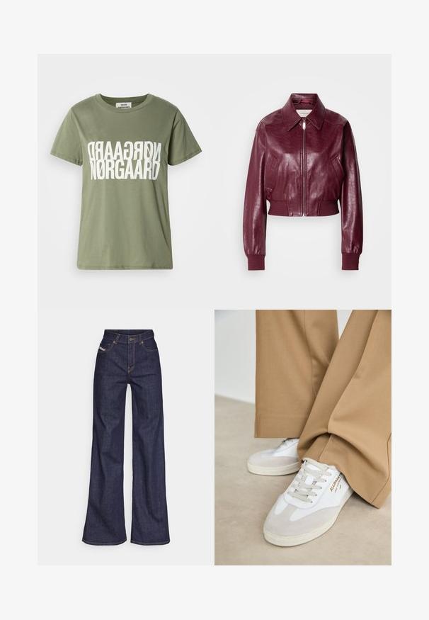 Calvin Klein Jeans CROPPED CRINKLE - Bomber Jacket - deep rouge; Olive green cotton t-shirt with short sleeves, featuring large white flipped text design "NØRGAARD" at the center. Round neckline.; Dark blue wide-leg jeans in denim fabric with a high waist, featuring orange stitching, five-pocket design, and a button closure.; White sneakers with suede accents, textured laces, and a rubber sole. Paired with loose tan trousers. Logo displayed on the side.