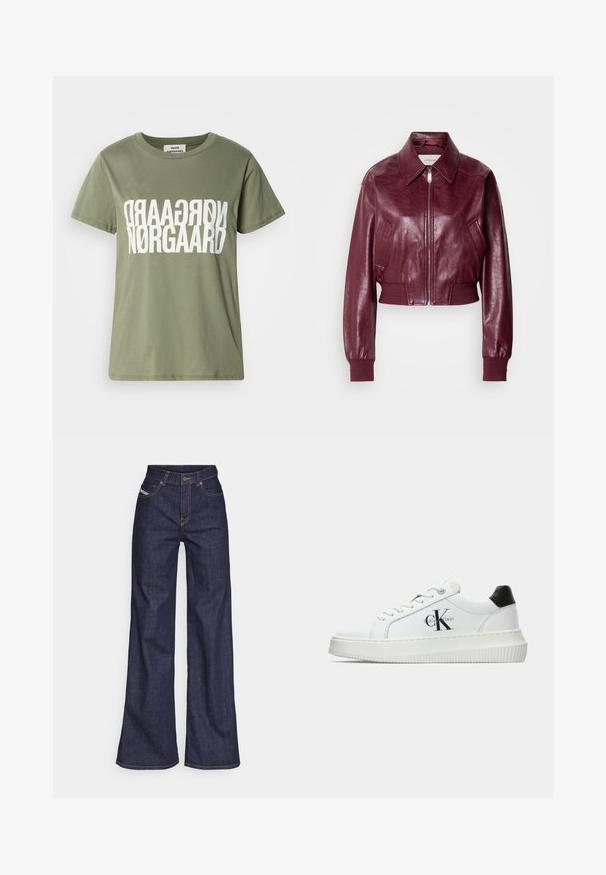 Calvin Klein Jeans CROPPED CRINKLE - Bomberjacke - deep rouge; Olivgrünes Baumwoll-T-Shirt mit kurzen Ärmeln, ausgestattet mit einem großen weißen umgedrehten Textdesign "NØRGAARD" in der Mitte. Runder Halsausschnitt.; Dunkelblaue weite Jeans aus Denimstoff mit hoher Taille, ausgestattet mit orangefarbenen Nähten, fünf Taschen und einem Knopfverschluss.; Weiße Low-Top-Sneaker mit schwarzem Fersenpatch, Plateau-Sohle, Schnürsenkeln und Calvin Klein "CK"-Logo an der Seite.