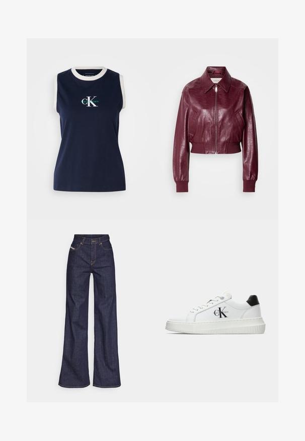 Calvin Klein Jeans CROPPED CRINKLE - Bombejakke - deep rouge; Marineblå ermeløs bomullstop med en hvit ribbet halsutringning, med en grønn og hvit "Calvin Klein"-logo på framsiden. Glatt tekstur.; Mørkeblå vide jeans i denim med høy midje, med oransje sømmer, fem-lomme-design og knappelukking.; Hvite lavsko med svart hæltab, plattformsåle, snøringer og Calvin Klein "CK" logo på siden.