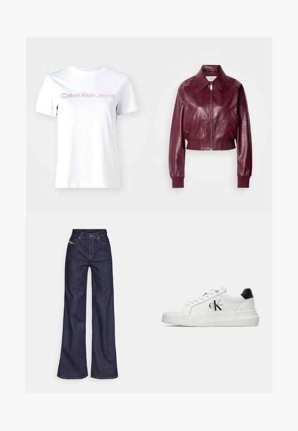 Calvin Klein Jeans CROPPED CRINKLE - Bomber Jacket - deep rouge; White cotton t-shirt featuring the text "Calvin Klein Jeans" in light pink across the chest. Short sleeves and crew neckline.; Dark blue wide-leg jeans in denim fabric with a high waist, featuring orange stitching, five-pocket design, and a button closure.; White low-top sneaker with black heel tab, platform sole, laces, and Calvin Klein "CK" logo on the side.