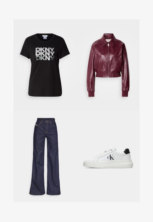 Calvin Klein Jeans CROPPED CRINKLE - Bombejakke - deep rouge; Svart bomull T-skjorte med stor metallic sølv- og glitrende "DKNY"-logo trykt over fronten. Kortermet og rund hals design.; Mørkeblå vide jeans i denim med høy midje, med oransje sømmer, fem-lomme-design og knappelukking.; Hvite lavsko med svart hæltab, plattformsåle, snøringer og Calvin Klein "CK" logo på siden.