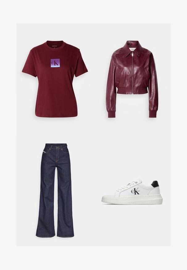 Calvin Klein Jeans CROPPED CRINKLE - Bomberjacka - deep rouge; Mörkröd bomullströja med en fyrkantig logotyp med en gradient från lila till blå bakgrund och bokstaven "cK" i mörklila.; Mörkblå vida jeans i denimtyg med hög midja, med orange sömmar, femficksdesign och knappstängning.; Vit lågtopp sneakers med svart hälflik, platåsål, snörning och Calvin Klein "CK" logotyp på sidan.