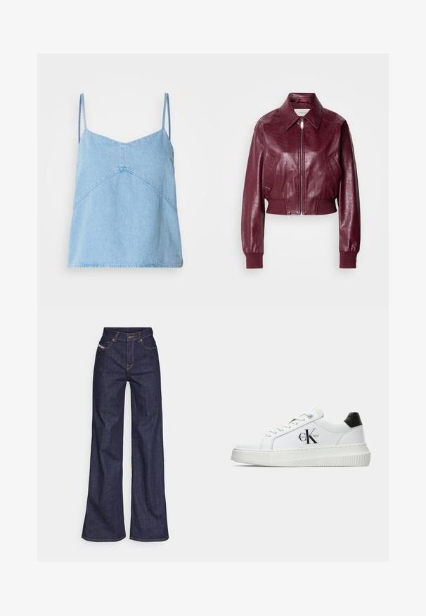 Calvin Klein Jeans CROPPED CRINKLE - Giubbotto Bomber - deep rouge; Camisole in denim blu chiaro con spalline sottili, scollatura a V e dettagli geometrici nelle cuciture. Tessuto morbido e vestibilità leggermente rilassata.; Jeans a gamba larga di denim blu scuro con vita alta, caratterizzati da cuciture arancioni, design a cinque tasche e chiusura con bottone.; Sneaker bassa bianca con tassello nero sul tallone, suola a piattaforma, lacci e logo "CK" di Calvin Klein sul lato.