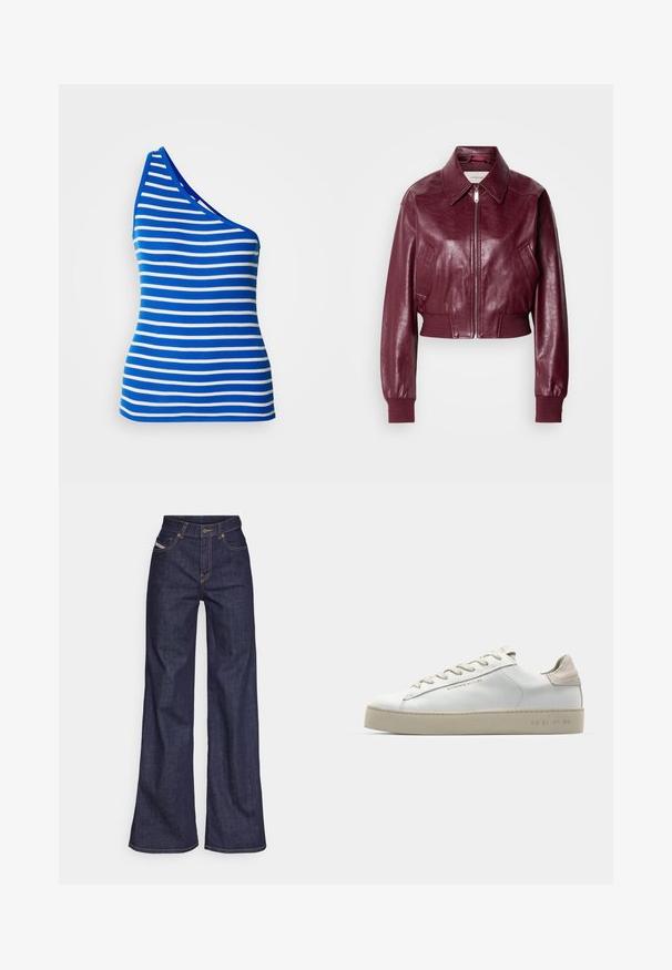 Calvin Klein Jeans CROPPED CRINKLE - Blouson Bomber - deep rouge; Top sans manches à une épaule en bleu et blanc à rayures horizontales. Fabriqué en tissu côtelé, il a une forme ajustée et un col contrasté.; Jeans ample bleu foncé en denim avec taille haute, ornés de surpiqûres orange, d'un design à cinq poches et d'une fermeture à bouton.; Sneaker en cuir blanc avec une finition lisse, accents en suède beige, bout arrondi, design à lacets plats et semelle en caoutchouc texturée.