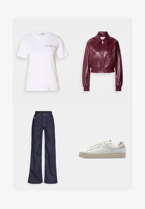 Calvin Klein Jeans CROPPED CRINKLE - Giubbotto Bomber - deep rouge; T-shirt bianco in cotone con maniche corte, collo rotondo, caratterizzato da un logo e testo stampati grigi scuri sulla parte anteriore. Texture liscia.; Jeans a gamba larga di denim blu scuro con vita alta, caratterizzati da cuciture arancioni, design a cinque tasche e chiusura con bottone.; Sneaker bianca in pelle con finitura liscia, dettagli in suede beige, punta rotonda, design con stringhe piatte e suola in gomma testurizzata.