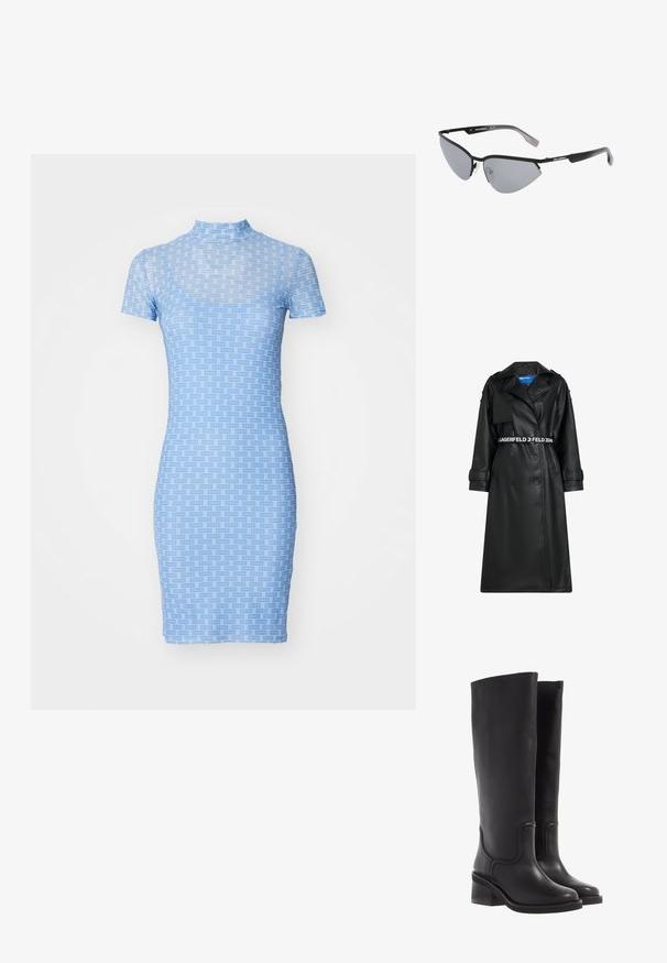 Čierny syntetický kožený kabát s dvojradovým zapínaním, pásom v páse, nadmerným golierom a vreckami s klopami. Obsahuje logo na pasažerovi a manžetách.; Elastické šaty s krátkym rukávom v svetlomodrej farbe s dvojfarebnou mriežkovanou textúrou. Majú vysoký výstrih a priliehavý strih.; Biely bavlnený tričko s krátkymi rukávmi, čierny rebrovaný golier a čierne logá textu na ľavom pleci. Klasický strih, hladká textura.; Čierne kožené čižmy po kolená s hladkou textúrou, zaoblenou špičkou a hrubým podpätkom. Obsahujú jemné švy a elegantný design.; Čierne slnečné okuliare s ostrým, mačacím dizajnom. Strieborné zrkadlové šošovky. Úzke, ľahké plastové rámy s diskrétnym brandingom na spánkoch.; Strieborné kovové náušnice s hladkým tvarom kvapky a lesklým povrchom. Jemné rytiny pridávajú detail. Minimalistický dizajn.