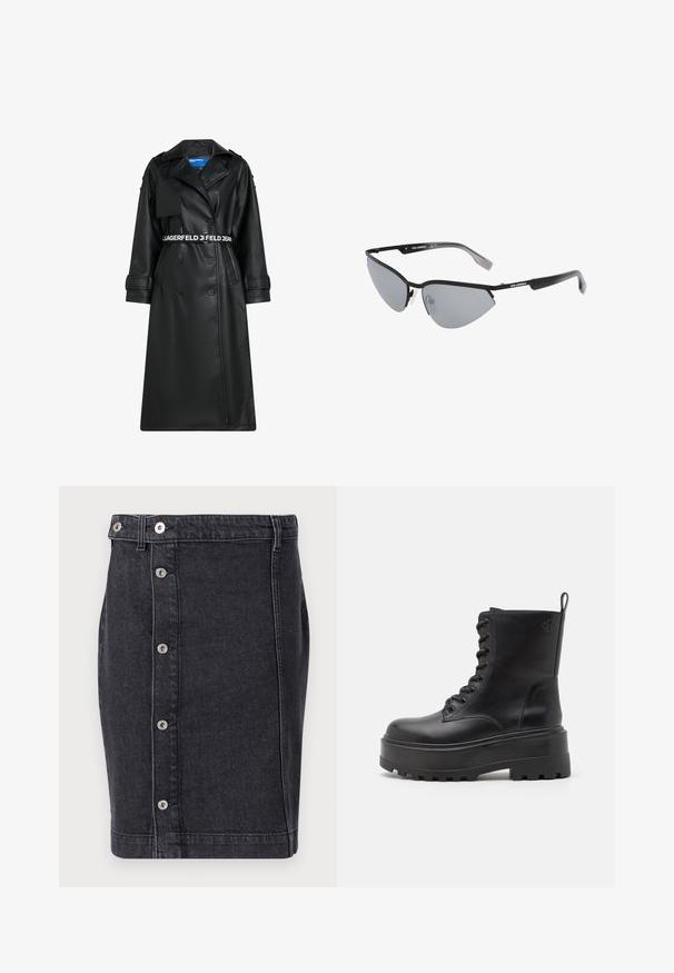 Černý kabát z umělé kůže s dvouřadým zapínáním, páskem v pase, oversized límcem a klopovými kapsami. Obsahuje logo na pase a manžetách.; Bílá bavlněná tričko s krátkými rukávy, černý žebrový límec a černý textový logotyp na levém rameni. Klasický střih, hladká textura.; Tmavě modrá džínová sukně s rovnýcm střihem, stříbrné druky vpředu a jemné švy podél švů.; Calvin Klein Jeans FLATFORM HIGH LACE UP - Šněrovací kotníkové boty - triple black; Černé sluneční brýle s ostrým designem ve stylu kočičích očí. Stříbrné zrcadlové čočky. Štíhlé, lehké plastové rámy s jemným brandingem na spáncích.