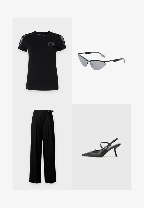 Zwarte faux leren jas met een dubbelbreasted ontwerp, een ceintuur in de taille, een oversized kraag en flapzakken. Bevat een logo op de tailleband en manchetten.; Guess T-shirt print - jet black; Zwarte wijde broek met hoge taille, plooien aan de voorkant en een riem met een gesp. Gemaakt van glad, lichtgewicht stof.; Zwarte leren slingback hakken met een spitse neus, slanke hak en decoratieve gespdetails op de bovenkant. Gladde textuur en een strakke uitstraling.; Zwarte zonnebril met een hoekig, cat-eye ontwerp. Zilveren spiegellenzen. Slanke, lichte kunststof monturen met subtiele branding op de sleuven.