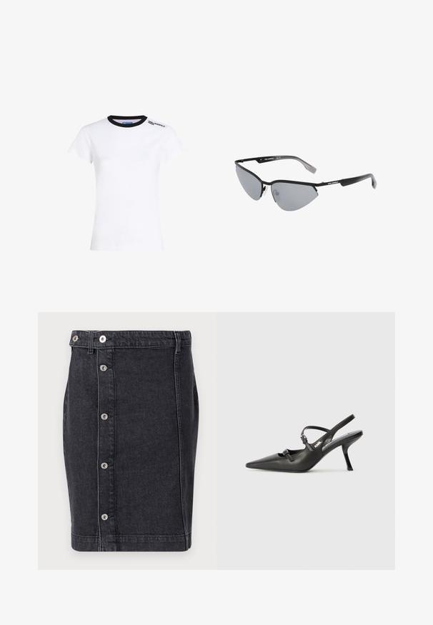 Μαύρο μπουφάν από συνθετικό δέρμα με διπλό κούμπωμα, ζώνη στη μέση, υπερμεγέθη γιακά και τσέπες με καπάκι. Διαθέτει λογότυπο στη ζώνη και στους καρπούς.; Λευκό βαμβακερό μπλουζάκι με κοντά μανίκια, μαύρη ριγωτή γιακά και μαύρο λογότυπο κειμένου στον αριστερό ώμο. Κλασική εφαρμογή, ομαλή υφή.; Σκούρα τζιν φούστα με ευθεία γραμμή, ασημένια κουμπιά με κούμπωμα κατά μήκος του μπροστινού μέρους και διακριτές ραφές κατά μήκος των ραφών.; Μαύρες δερμάτινες γόβες slingback με μυτερή μύτη, λεπτό τακούνι και διακοσμητική αγκράφα στο επάνω μέρος. Λείος υφής και κομψός σχεδιασμός.; Μαύρα γυαλιά ηλίου με γωνιακό, σχέδιο γατούλα. Ασημί καθρέπτες φακοί. Λεπτά, ελαφριά πλαστικά σκελετά με διακριτική σήμανση στους βραχίονες.