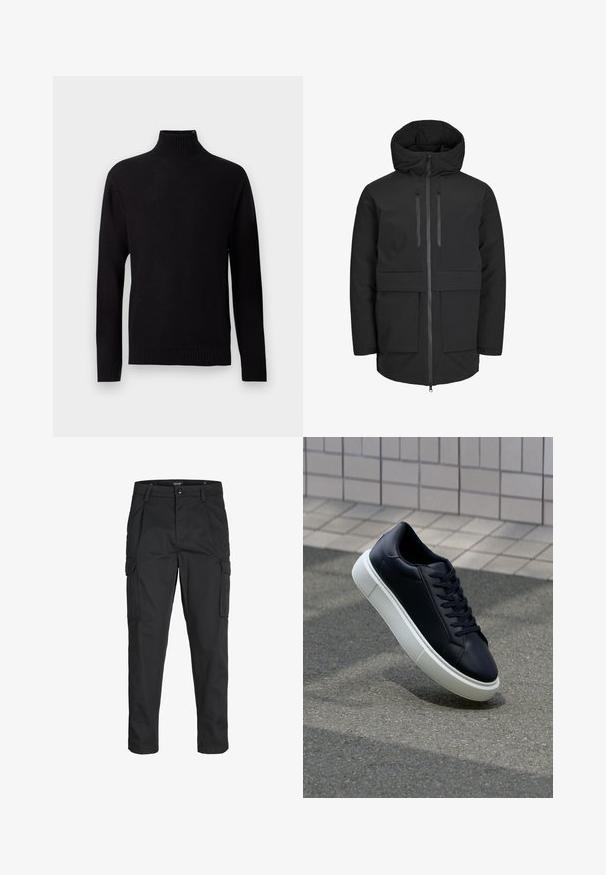 Fekete vízálló dzseki párnázott kapucnival, két elülső zsebbel, elülső cipzáros záródással és szabályozható derékkal a formás megjelenés érdekében.; Fekete bordás kötött garbó pulóver hosszú ujjakkal és testhez simuló gallérral, fehér háttéren bemutatva.; Fekete cargo nadrág, amely tartós anyagból készült, több zsebet tartalmaz, gombos záródással rendelkezik, és karcsú szabású, szűkített lábakkal bír.; Fekete bőr sportcipő lekerekített orral és fehér gumitalppal. Lapos fűzőkkel és minimális varrásokkal rendelkezik a felsőrészén. Mintás talp a tapadásért.