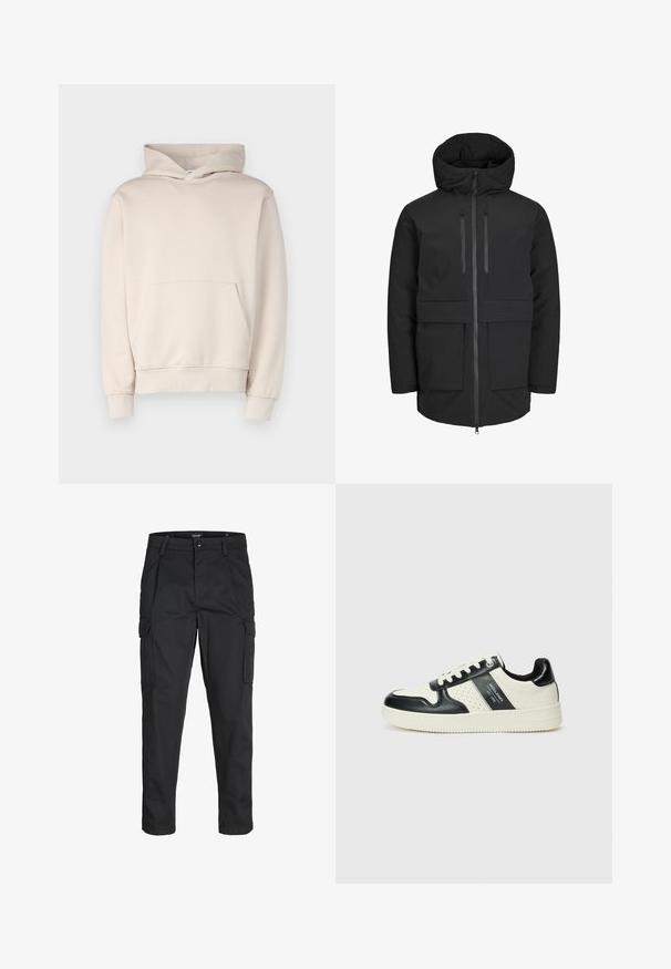 Giacca nera impermeabile con cappuccio imbottito, due tasche frontali, chiusura con zip anteriore e vita regolabile per una vestibilità strutturata.; Felpa beige realizzata in tessuto morbido, con tasca anteriore a marsupio, polsini a coste e cappuccio con coulisse. Design semplice e senza fronzoli.; Pantaloni cargo neri realizzati in un tessuto resistente, dotati di molteplici tasche, chiusura con bottone e un design aderente con gambe affusolate.; Sneakers in pelle con una combinazione di colori nero e crema, dotati di dettagli perforati, collare imbottito e suola testurizzata.