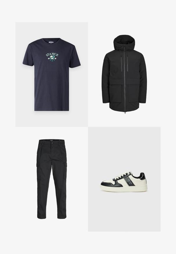 Melnā ūdensizturīgā jaka ar polsterētu kapuci, divām priekšējām kabatām, priekšējo rāvējslēdzēja aizdari un sašaurinātu vidukli strukturētai piegulšanai.; Tumši jūras zilas kokvilnas T-krekls ar grafisko logo "STANCE", kurā attēloti tenisa raketi un gads "2009", izšūts uz priekšpuses.; Melnas kravas bikses, izgatavotas no izturīga auduma, ar vairākiem kabatām, pogu aizdari un šaura piegriezuma dizainu ar sašaurinātiem kāju apakšiem.; Ādas sporta apavi ar melnbaltu krāsu shēmu, ar perforētiem akcentiem, mīkstinātu apkakli un teksturētu zoli.
