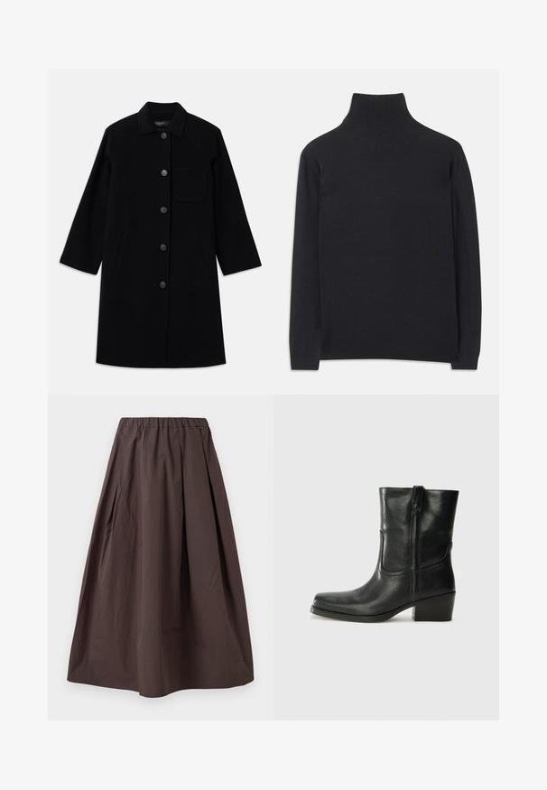 Zwarte wollen jas met een rechte snit, knoopsluiting en een enkele borstzak. Bevat zijzakken en driekwartmouwen.; Zwarte coltrui gemaakt van zacht materiaal. Heeft lange mouwen, een hoge hals, en ribbelachtige boorden en onderkant voor een aansluitende look.; Bruine midi-lengte rok met een elastische tailleband en subtiele plooien op een witte achtergrond.; Zwarte leren enkellaars met een ronde neus, blokhak, zijrits en stikselaccenten op de wreef. Gladde textuur, klassiek ontwerp.