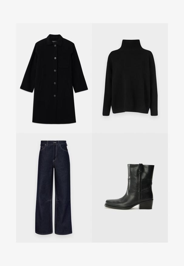 Svart ullkappa med rak skärning, knappstängning och en bröstficka. Har sidofickor och trekvartslånga ärmar.; Svart stickad tröja med hög ribbad krage, nedsänkta axlar och en avslappnad passform. Har ribbade muddar och fåll för textur.; Mörkblå denim byxor med vida ben, kontrasterande ljus sömnad, knapp- och dragkedjestängning samt framfickor. Rent design utan dekorationer.; Svart läderankelboot med rund tå, blockklack, sidodragkedja och sömmar på ovandelen. Slät textur, klassisk design.