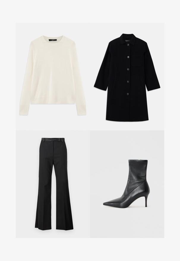 Must mustkatest villane mantel, sirge lõike, nuppluku ja ühe rinna taskuga. Teile on küljetaskud ja kolmeveerandi varrukad.; Kreemivärvi kudum, millel on paeladega kaelus, pikad varrukad ja soonikkoes detailid varrukaotstes ning allääres. Pehme ja peen tekstuur.; Mustad laiad püksid siledast kangast viimistlusega, millel on kindel vööpoolsus ja pressitud kortsud, et saavutada kvaliteetne välimus.; Must sisa lahk kasut, millel on terav nina, kitsas stilettokonts ja tihe sokitaoline ülemine osa. Sile tekstuur koos minimaalsete õmblusest detailidega.