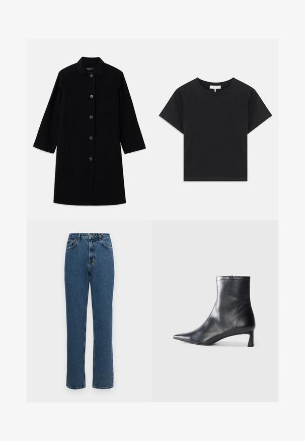 Must mustkatest villane mantel, sirge lõike, nuppluku ja ühe rinna taskuga. Teile on küljetaskud ja kolmeveerandi varrukad.; Must must, mis mustest valmistatud T-särk, millel on ümar kaelus, lühikesed varrukad ja lihtne disain ilma mustrite või kaunistusteta.; Tumedate satiini värvi kõrge vöökoht ja sirged sääred. Omab nööpi ja lukku, viit taskut ning kerget tuhmunud tekstuuri.; Mustad mustall nahkasaabas terava nina ja stiilse disainiga. Omab madalat konts ja luku sulgemist taga. Sile tekstuur.