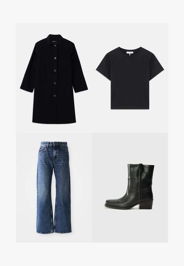 Musta villcoat suoran leikkauksen, napitussulun ja yhden rintataskun kanssa. Sisältää sivutaskut ja kolmanneksen mittaiset hihat.; Mustat lyhyet hihat ja pyöreä pääntie, yksinkertainen muotoilu ilman kuvioita tai koristeita, valmistettu puuvillasta.; Laivansiniset leveät farkut korkealla vyötäröllä. Ominaisuuksiin kuuluvat klassinen viisi-taskuinen muotoilu, kontrastiväriset saumat ja hieman kulunut viimeistely.; Musta nahkasaapas nilkkamittaisella varrella, pyöreällä kärjellä, lohkarekorolla, sivuvetoketjulla ja ompeluaksentilla varren yläosassa. Suora pinta, klassinen muotoilu.