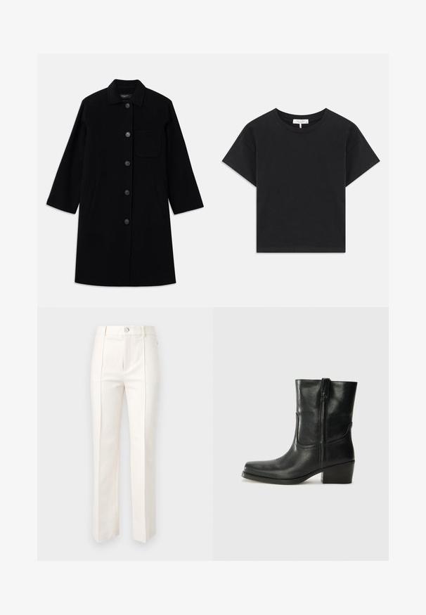 Czarny wełniany płaszcz o prostym kroju, z zapięciem na guziki i jedną kieszenią na piersi. Posiada kieszenie boczne oraz rękawy o długości 3/4.; Czarny krótki t-shirt wykonany z bawełny, z okrągłym dekoltem, krótkimi rękawami oraz prostym wzorem bez nadruków i ozdób.; Białe spodnie wprost w nogawkach wykonane z mieszanki bawełnianej, o gładkiej fakturze, z dwoma fałdami z przodu oraz pasem z zamknięciem na jeden guzik.; Czarne skórzane botki za kostkę z okrągłym noskiem, słupkowym obcasem, bocznym zamkiem i przeszyciami na cholewce. Gładka tekstura, klasyczny design.