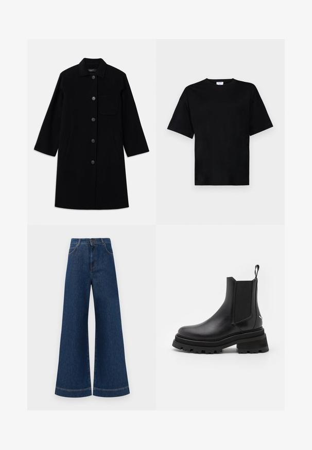 Zwarte wollen jas met een rechte snit, knoopsluiting en een enkele borstzak. Bevat zijzakken en driekwartmouwen.; Zwart shirt met korte mouwen in een relaxte pasvorm, gemaakt van zachte stof, met een ronde halslijn en zonder opvallende patronen of accenten.; Brede blauwe denimjeans met een hoge taille, voorzien van een knoopsluiting, riemlussen en subtiele stikdetails langs de zakken en zoom.; Zwarte leren Chelsea-boot met elastische zijpanelen, ronde neus, robuuste rubberen zool en een trekriem aan de hiel. Textuur- en gladde oppervlakken.