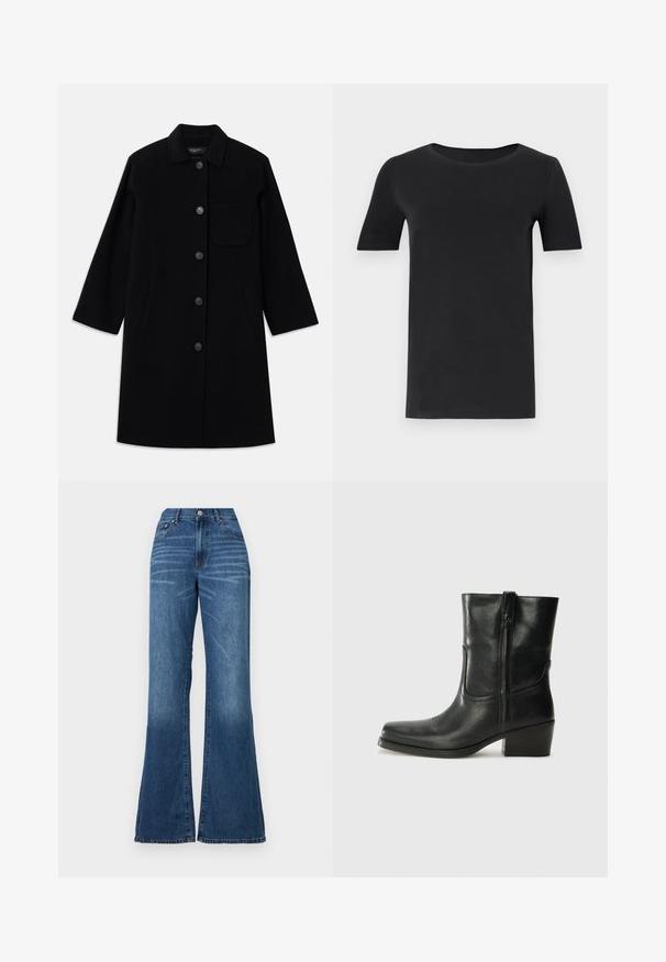 Černý vlněný kabát s rovnými liniemi, zapínáním na knoflíky a jednou náprsní kapsou. Má boční kapsy a rukávy do tří čtvrtin.; Černé tričko s krátkým rukávem vyrobené z měkké bavlny, s kulatým výstřihem a klasickým střihem. Hladká textura, bez vzorů nebo ozdob.; Džíny s širokým střihem vyrobené ze středně praného denimu. Mají vysoký pas, přední zapínání na knoflík a minimální vyblednutí. Rovný střih od stehna po lem.; Černá kožená kotníková bota s kulatou špičkou, blokovým podpatkem, bočním zipem a prošíváním na svršku. Hladký povrch, klasický design.