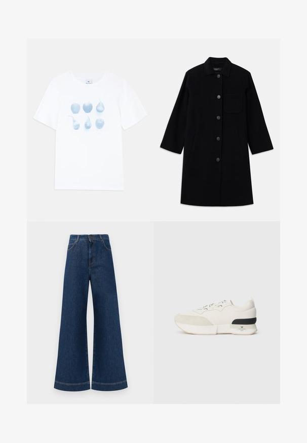 Fekete gyapjú kabát egyenes szabással, gombos záródással és egyetlen mellzsebből. Oldalzsebekkel és háromnegyed hosszúságú ujjal rendelkezik.; Fehér pamut póló, amelyen kék grafika látható, hat gyümölcsábrázolással: három alma és három körte, változó formában és méretben.; Magas derekú, széles lábú kék farmernadrág, gombos záródással, övhurkokkal és diszkrét varrási részletekkel a zsebeknél és a szegélyeknél.; Fehér sneaker, amelynek texturált velúr orrkáva van, sima hálós felsőrésze, díszcsipkéje, valamint fekete gumi sarok kiemelése.