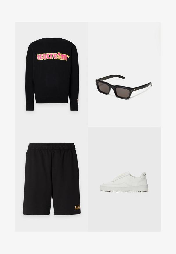 Svart dunjakke med hette, med glidelås foran og vertikal quiltet design. Gull EA7-logo på venstre bryst. Glatt tekstur.; Svart hettegenser med et fargerikt "iskrem"-grafikk i gult og rosa. Har ribbestrikket rund hals og mansjetter, med et lite iskremikon på ermet.; Sorte treningsshorts laget av mykt stoff, med elastisk midje og en liten gul EA7-logo nederst på venstre ben.; Hvite lærersneakers med en jevn overflate, rund tå, flate lisser og en teksturert såle. Har en subtil logo på hælen.; Sorte rektangulære solbriller med mørke linser, tykk plastikkramme, gullaccenter på skulderpartiet og merkevarelogo gravert på armen.