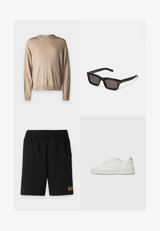 Schwarze Pufferjacke mit Kapuze, mit Reißverschluss vorne und vertikalem Steppmuster. Goldenes EA7-Logo auf der linken Brust. Glatte Textur.; Beige Pullover mit langen Ärmeln aus weichem Stoff; hat einen runden Halsausschnitt und gerippte Bündchen, mit einem lockeren Schnitt und glatter Textur.; Schwarze Sportshorts aus weichem Material, mit einem elastischen Bund und einem kleinen gelben EA7-Logo am unteren linken Bein.; Weiße Ledersneaker mit glatter Oberfläche, runder Zehenpartie, flachen Schnürsenkeln und strukturiertem Sohlenprofil. Mit einem dezenten Logo an der Ferse.; Schwarze rechteckige Sonnenbrille mit dunklen Gläsern, dickem Kunststoffrahmen, goldenen Akzenten an den Bügeln und eingraviertem Markenlogo am Arm.