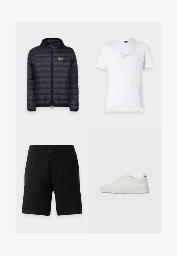 Black puffer jacket with a hood, featuring a zip front and vertical quilted design. Gold EA7 logo on the left chest. Smooth texture.; White cotton t-shirt featuring a round neckline and short sleeves, with a gold EA7 Emporio Armani logo printed on the front.; Black athletic shorts made of soft material; features an elastic waistband, two side pockets, and contrasting stitching.; White leather sneaker with a smooth finish, round toe, flat laces, and a textured sole. Features a subtle logo on the heel.