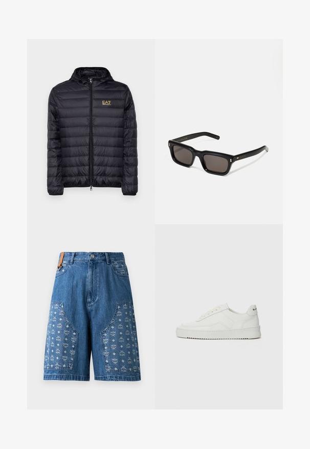 Black puffer jacket with a hood, featuring a zip front and vertical quilted design. Gold EA7 logo on the left chest. Smooth texture.; White cotton t-shirt featuring a round neckline and short sleeves, with a gold EA7 Emporio Armani logo printed on the front.; Denim shorts in blue with patterned paneling featuring logo motifs, patch pockets, and a classic waistband with a metal button closure.; White leather sneaker with a smooth finish, round toe, flat laces, and a textured sole. Features a subtle logo on the heel.; Black rectangular sunglasses with dark lenses, thick plastic frame, gold accents on temples, and brand logo engraved on the arm.