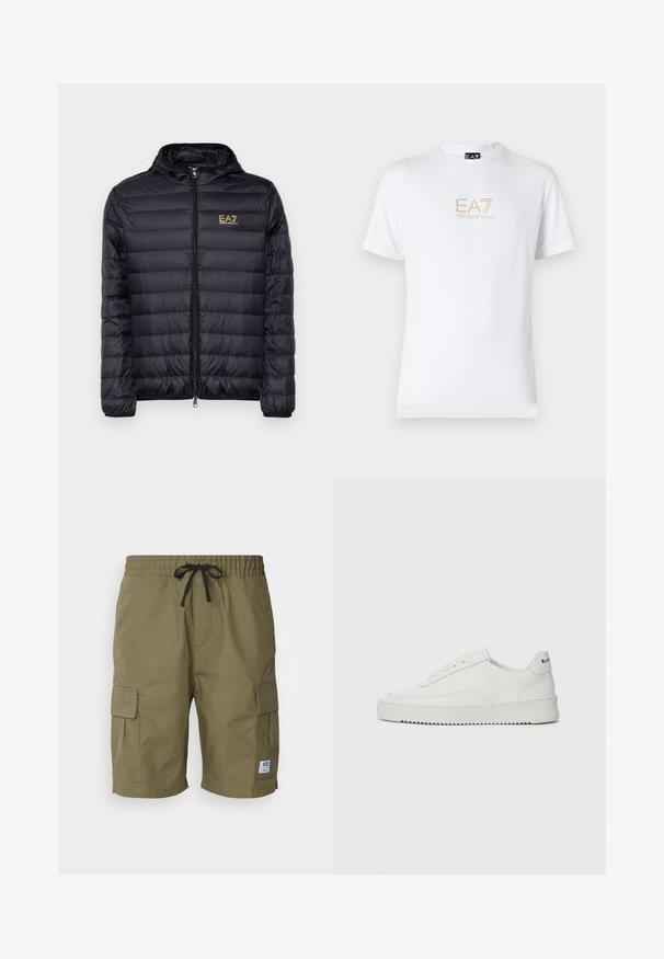 Black puffer jacket with a hood, featuring a zip front and vertical quilted design. Gold EA7 logo on the left chest. Smooth texture.; White cotton t-shirt featuring a round neckline and short sleeves, with a gold EA7 Emporio Armani logo printed on the front.; Olive green cargo shorts made of lightweight fabric, featuring an elastic waistband with a drawstring and side cargo pockets.; White leather sneaker with a smooth finish, round toe, flat laces, and a textured sole. Features a subtle logo on the heel.